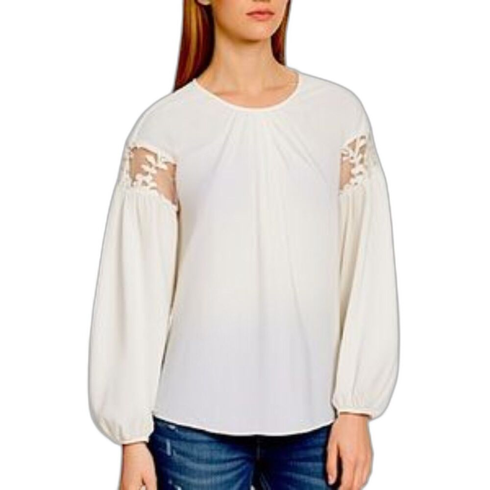 NWT Traffic People White Floral Lace Inset Long Sleeve Blouse Size Small